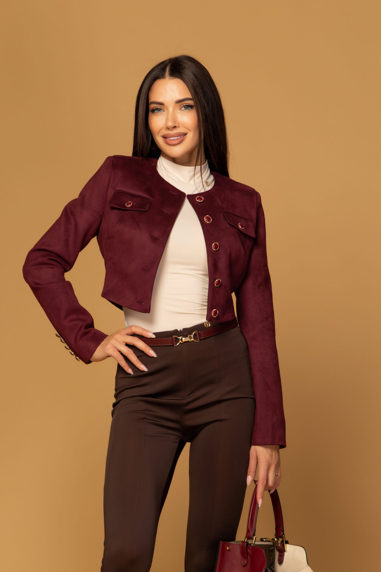 Charming style Къс Блейзър от велур - Burgundy - Изображение 10