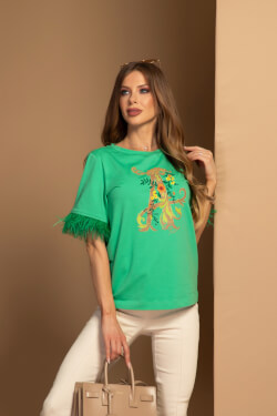 Feathered Aura T-Shirt От Памук - Green