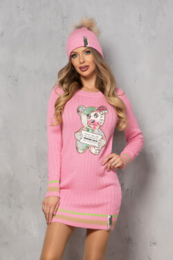 Star Entrance Шапка От Плетиво С Естествено Пухче - Pink