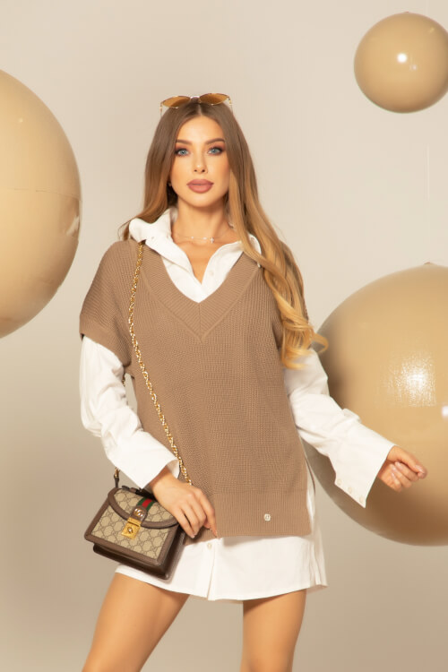 Snug & Chic дълъг Елек От Плетиво - Beige Grey