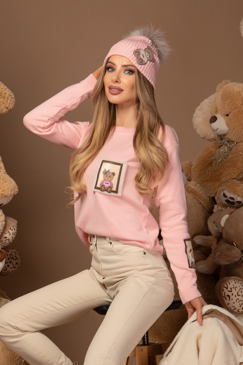 Alessa Bear Шапка От Плетиво С Естествено Пухче - Pink 