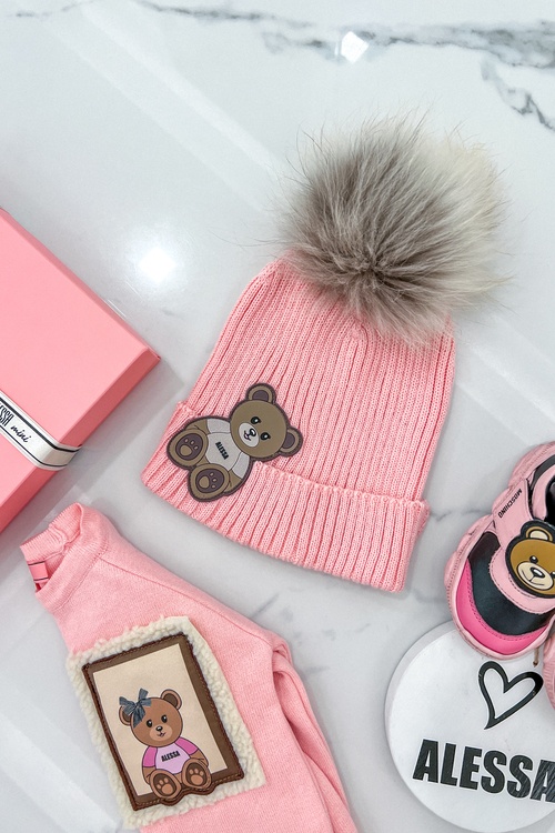 Alessa Bear Mini Шапка От Плетиво С Естествено Пухче - Pink 