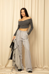 Ribbed Serenity Къса Блуза С Лодка Деколте - Anthracite - Изображение 6