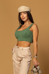 Emblem Knit Crop top din tricot moale și pufos - Green - Imagine 6