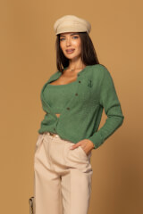 Emblem Knit Cardigan din tricot moale și pufos - Green - Imagine 6