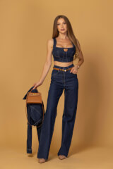 Denim Society Top Scurt Din Denim - Dark Blue - Imagine 3