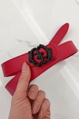 Curea roșie cu logo rococo - îngustă cu cataramă neagră - Imagine 4