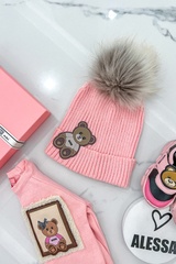 Alessa Bear Mini pălărie tricotată cu puf natural - roz - Imagine 1