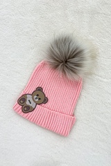 Alessa Bear Mini pălărie tricotată cu puf natural - roz - Imagine 4