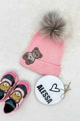 Alessa Bear Mini pălărie tricotată cu puf natural - roz - Imagine 2