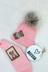 Alessa Bear Mini pălărie tricotată cu puf natural - roz - Imagine 3